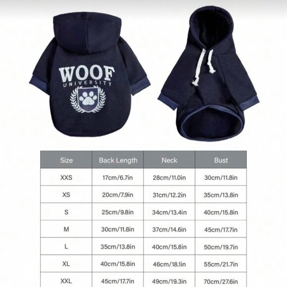 New PETSIN Dog Hooded Sweatshirt Woof University Letter Print, Navy, S & M - Picture 7 of 11